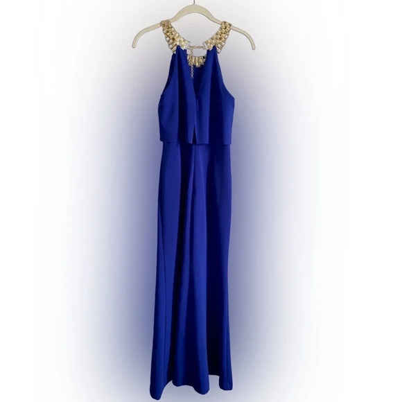DECODE 1.8 Royal Blue & Gold Chain Halter Mermaid Formal Evening Dress  Size 4 - Picture 5 of 16